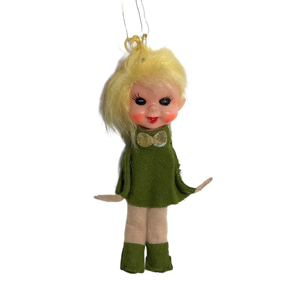 Pixie Elf Green Felt Plastic Face Christmas Ornament Made in JAPAN 6